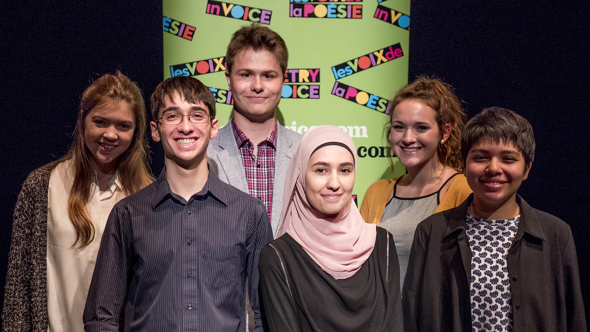 The six students moving on to The English Finals are (l to r): <br /> Charlotte Egan, Mary, Mother of God School, Toronto, ON <br/><br />
Luc Maurer, St. George’s School, Vancouver, BC <br/><br />
Stephen Chankov, University of Toronto Schools, Toronto, ON<br/><br />
Sujood Thraya, Edmonton Islamic Academy, Edmonton, AB<br/><br />
Chloe Harris, Montague Regional High School, Montague, PE<br/><br />
Marissa Prado, Little Flower Academy, Vancouver, BC<br/>