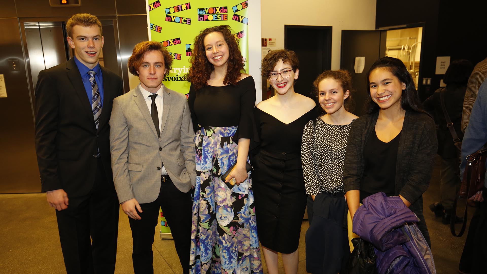 In the evening our students arrive to attend the English Finals & Showcase (l to r): Daniel Gallagher, David White, Katie Beale, Hannah Halpern, Lorraine Fabre, and Elizabeth Wong.