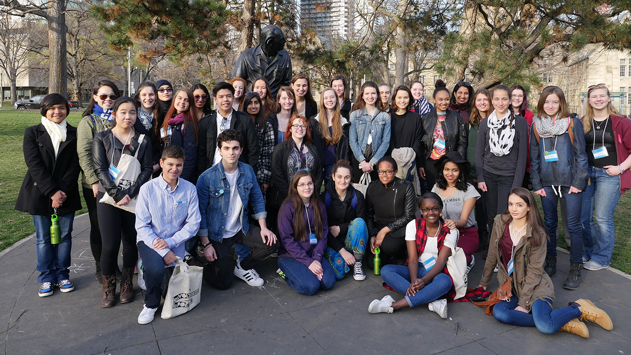 39 students from across Canada gather in front of the Al Purdy statue in Toronto for the 6th annual Poetry In Voice recitation contest. 
