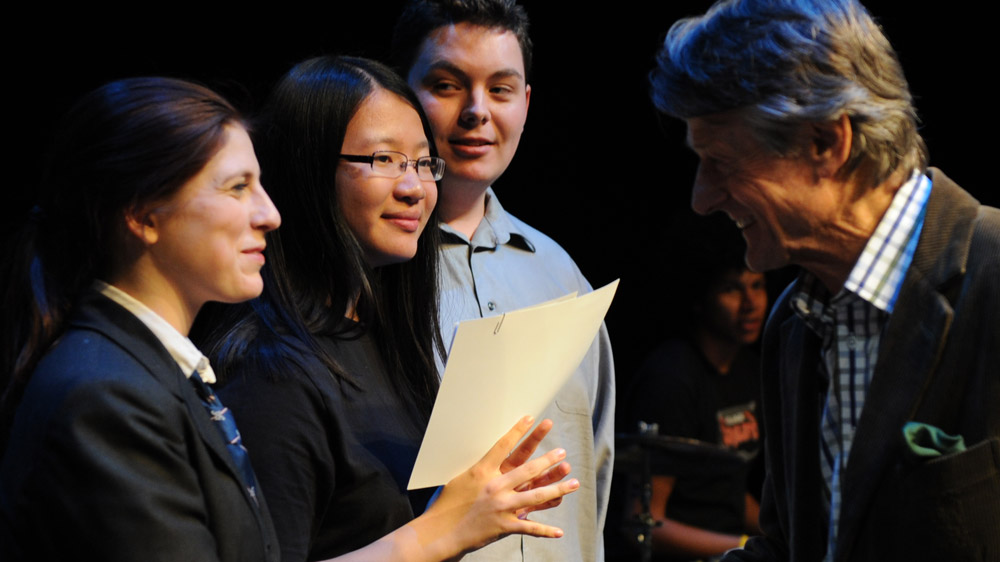 Scott Griffin congratulates the 2011 finalists (left to right): Victoria Campbell, Anna Jiang, Jonathan Welstead.