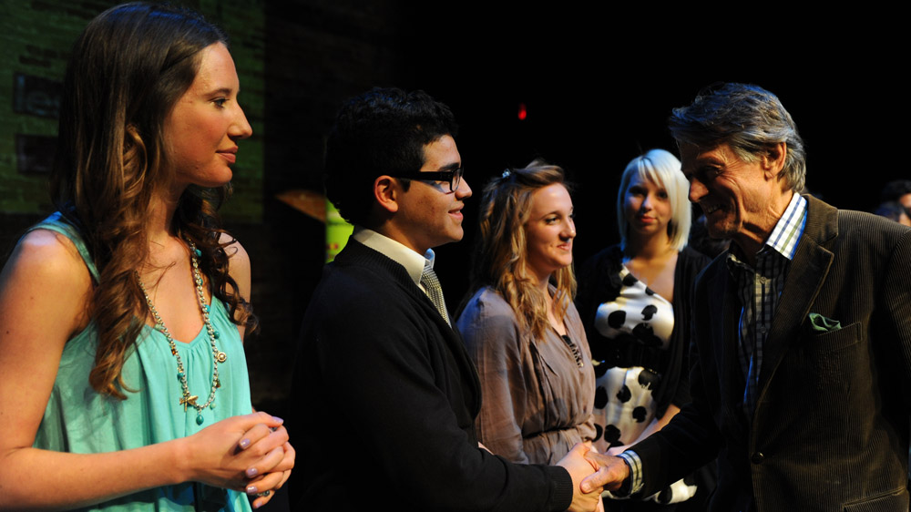 Scott Griffin congratulates the 2011 finalists (left to right): Lily MacLeod, David Castillo, Brogan Carruthers, Amelia Druskis.