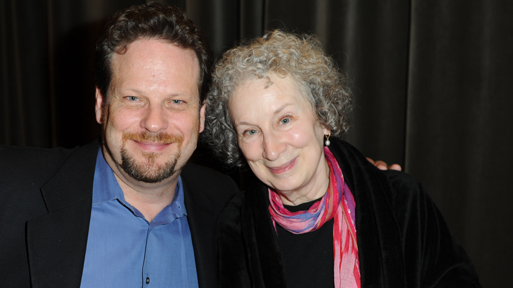 Poetry In Voice host and Soulpepper Founding Artistic Director Albert Schultz with poet, author, and Griffin Trust For Excellence In Poetry Trustee Margaret Atwood