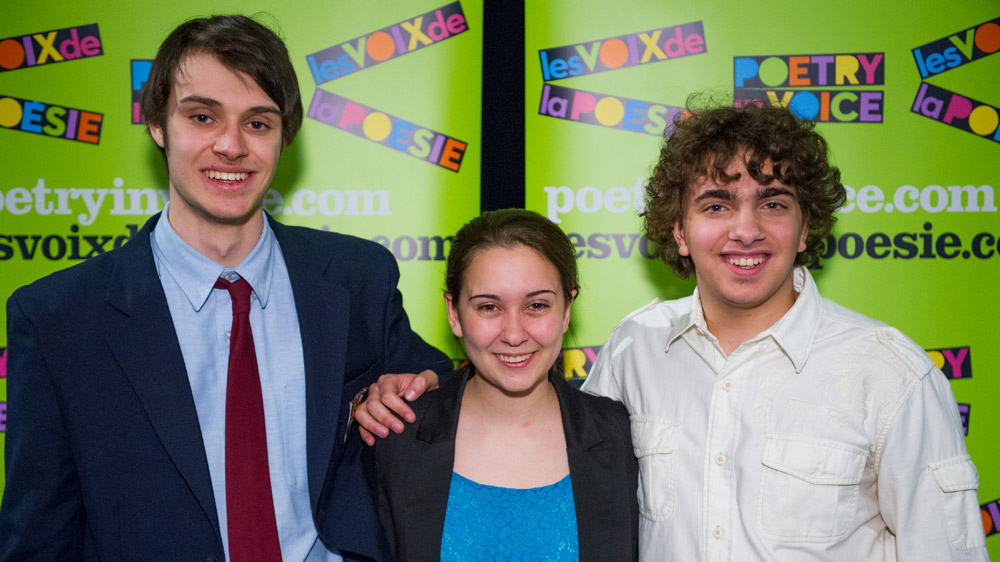 The three 2012 Poetry In Voice Grand Finals Champions (l. to r.) Jeff Hunt, Sydney Gilchrist, and Alexander Gagliano. 